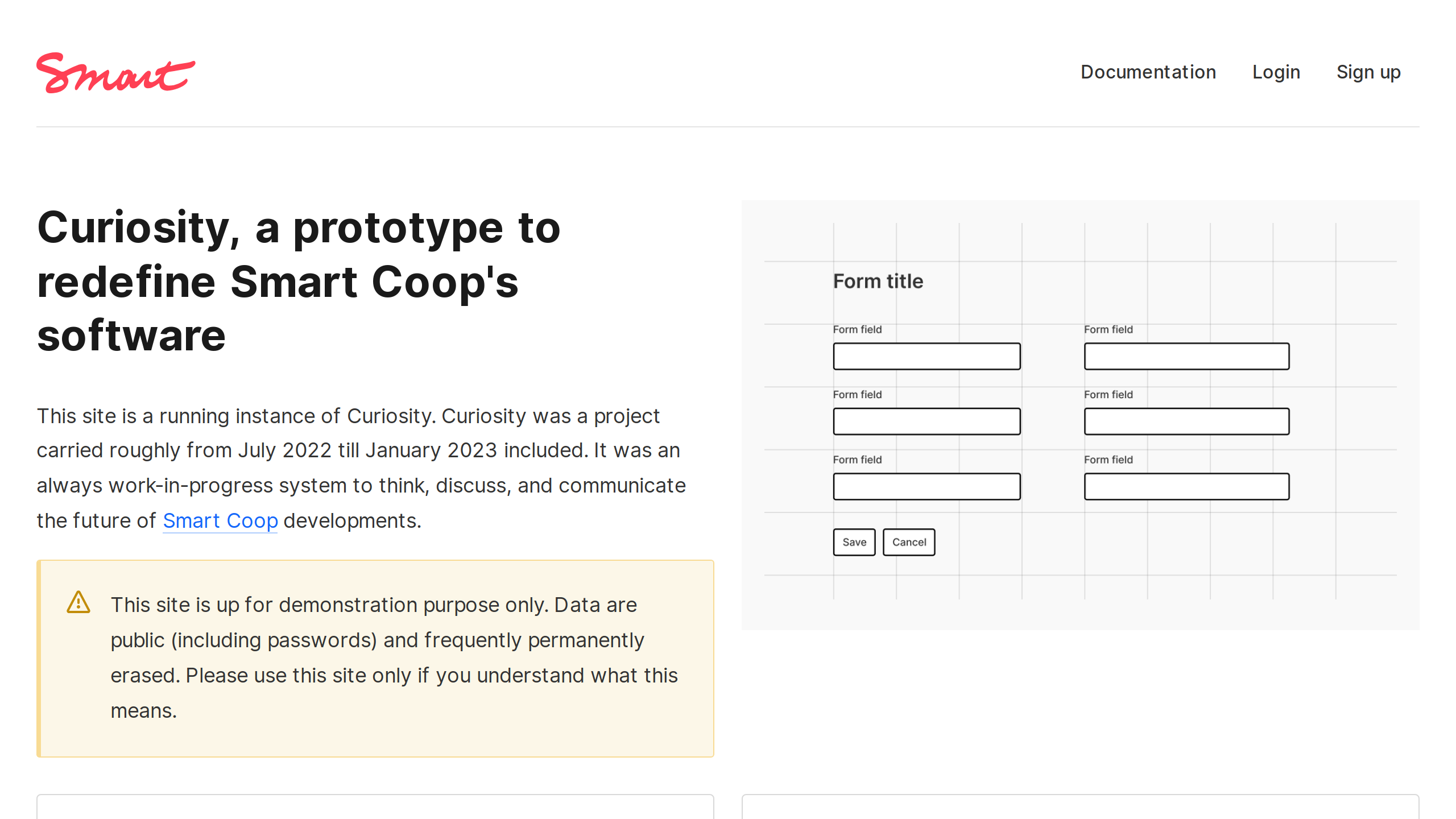 The homepage of Curiosity, a prototype for Smart Coop